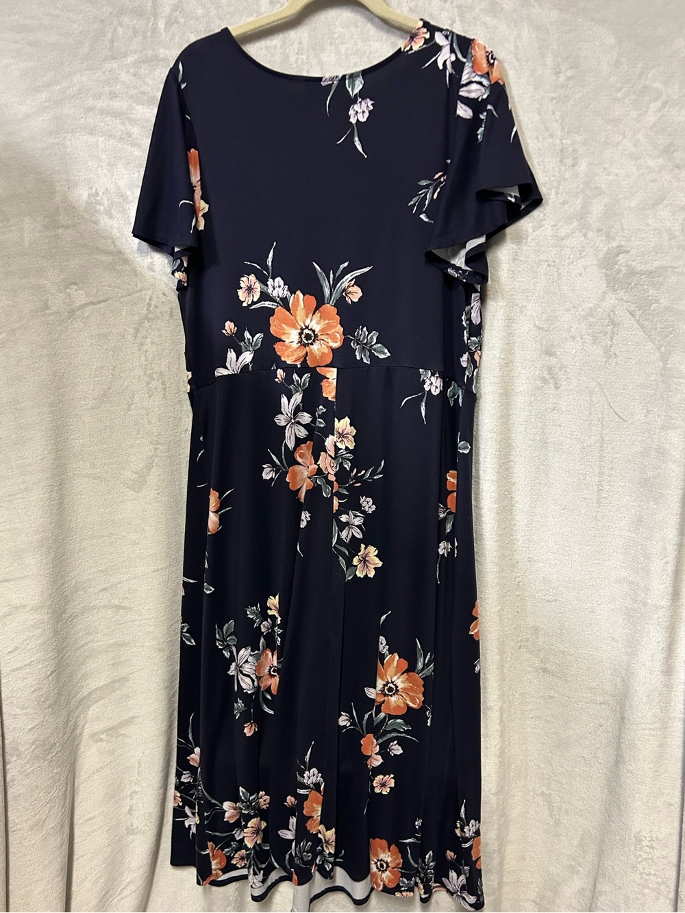 Plus Size 2X Floral V-Neck Navy Midi Dress with Flutter Sleeves - Picture 4 of 5